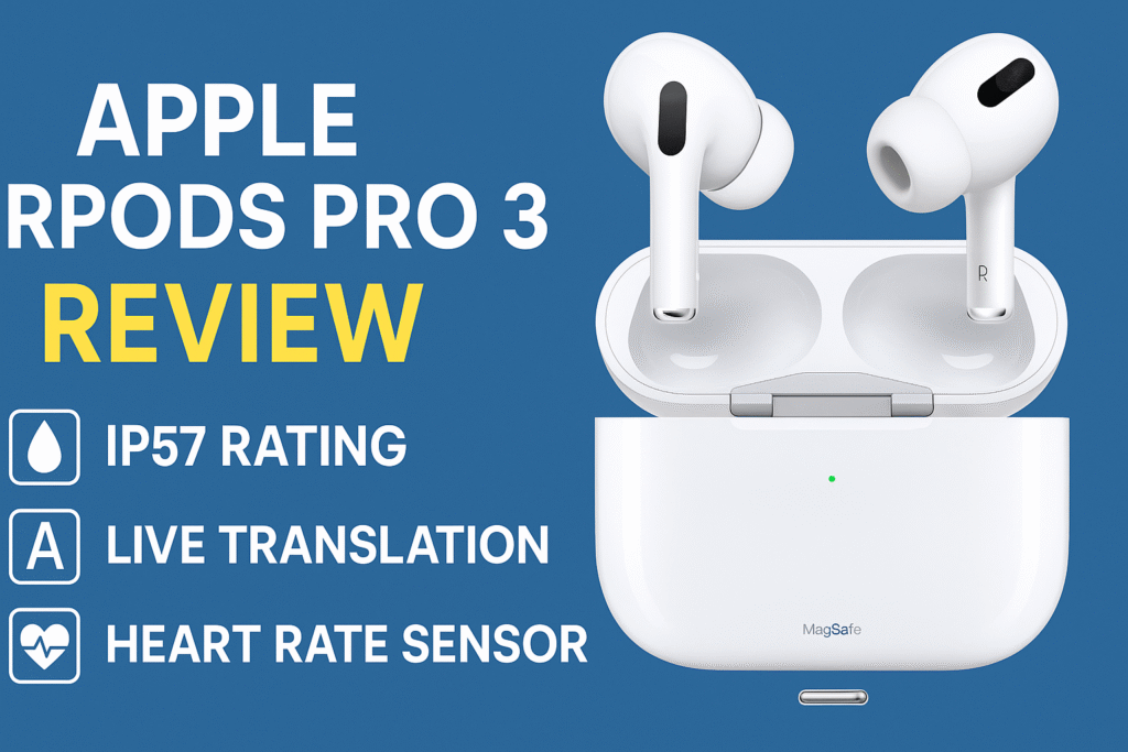 Apple AirPods Pro 3 with MagSafe charging case featuring IP57 rating, live translation, and heart-rate sensor – 2025 review highlights.