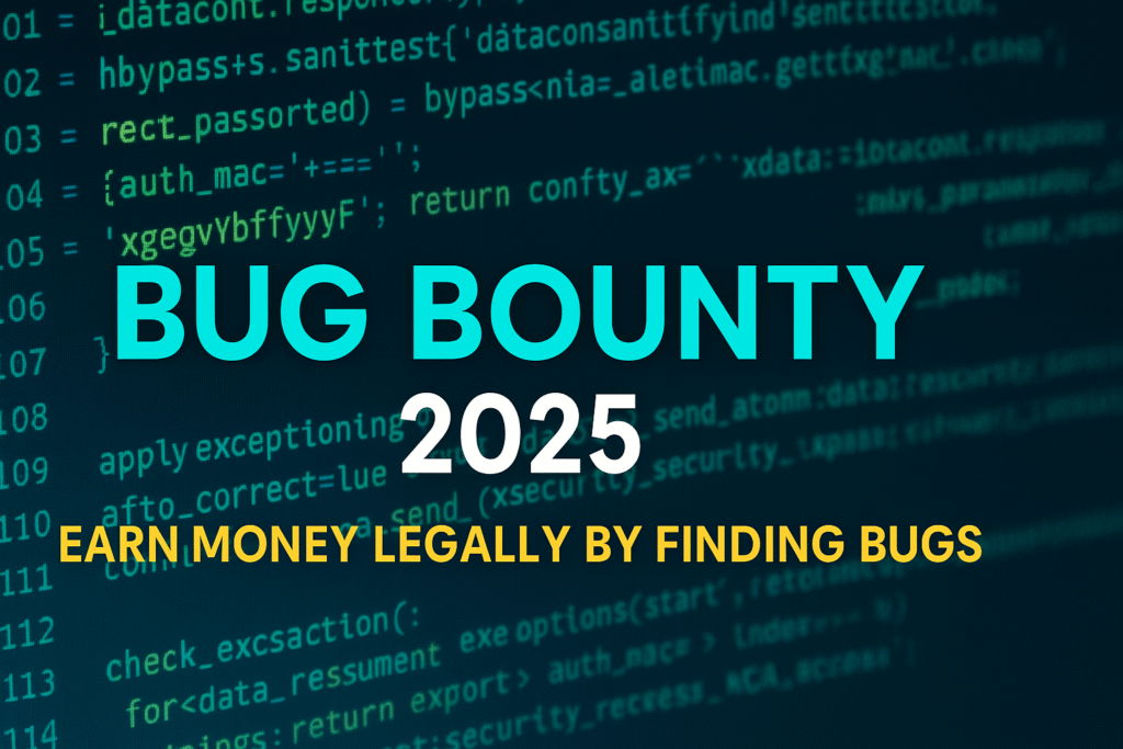 Bug Bounty 2025 banner showing green code background with bold text “Earn Money Legally by Finding Bugs” — cybersecurity concept.