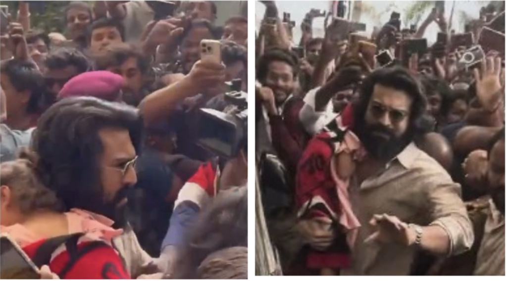 Ram Charan surrounded by fans during hospital visit in Hyderabad