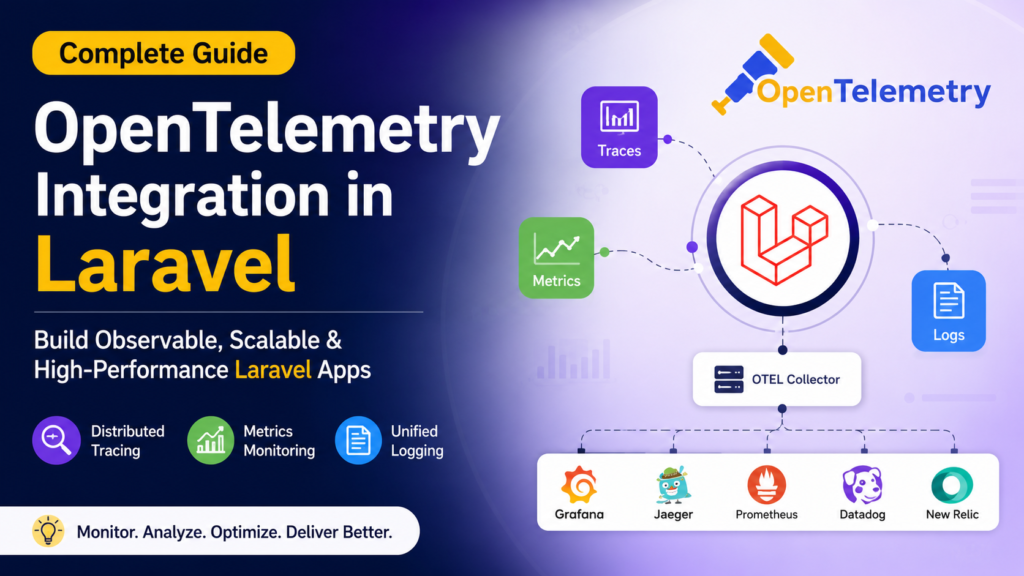 OpenTelemetry integration in Laravel showing tracing, metrics, logs, and OTEL collector architecture with Grafana and Jaeger.