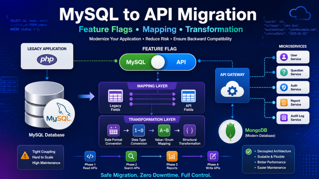 MySQL to API migration architecture using feature flags, mapping layer, and transformation layer.